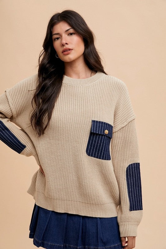 Hazel Blues® |  Annie Wear Contrast Round Neck Drop Shoulder Sweater with Patch Pocket