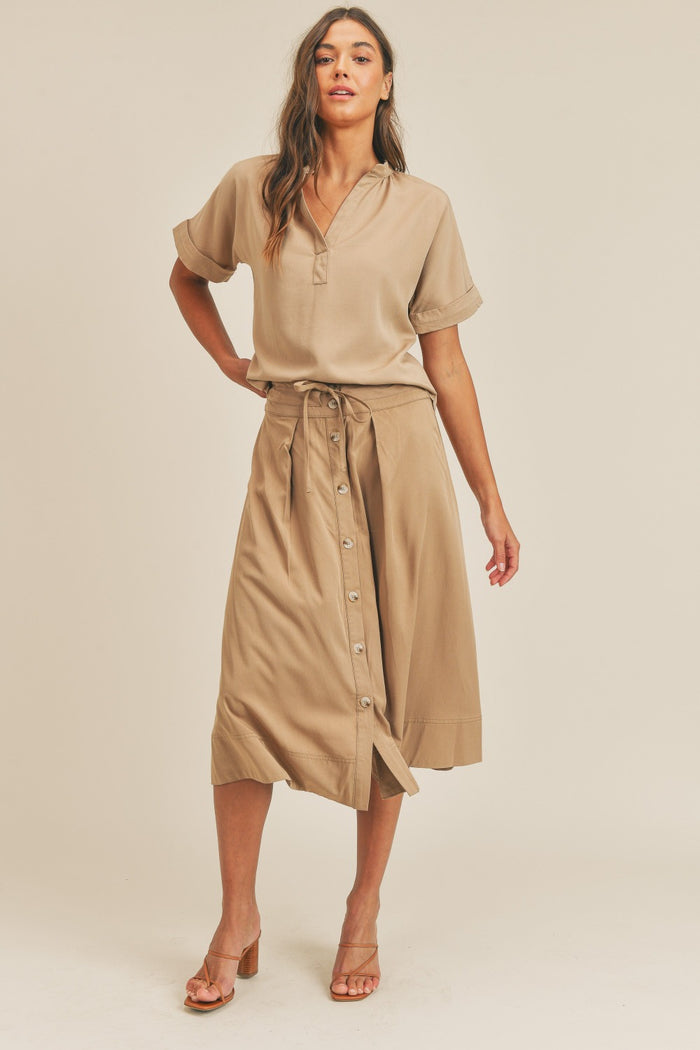 Hazel Blues® |  MABLE Short Sleeve Top and Button Down Midi Skirt Set