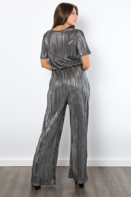 Hazel Blues® |  Be Stage Surplice Short Sleeve Pleated Foil Jumpsuit