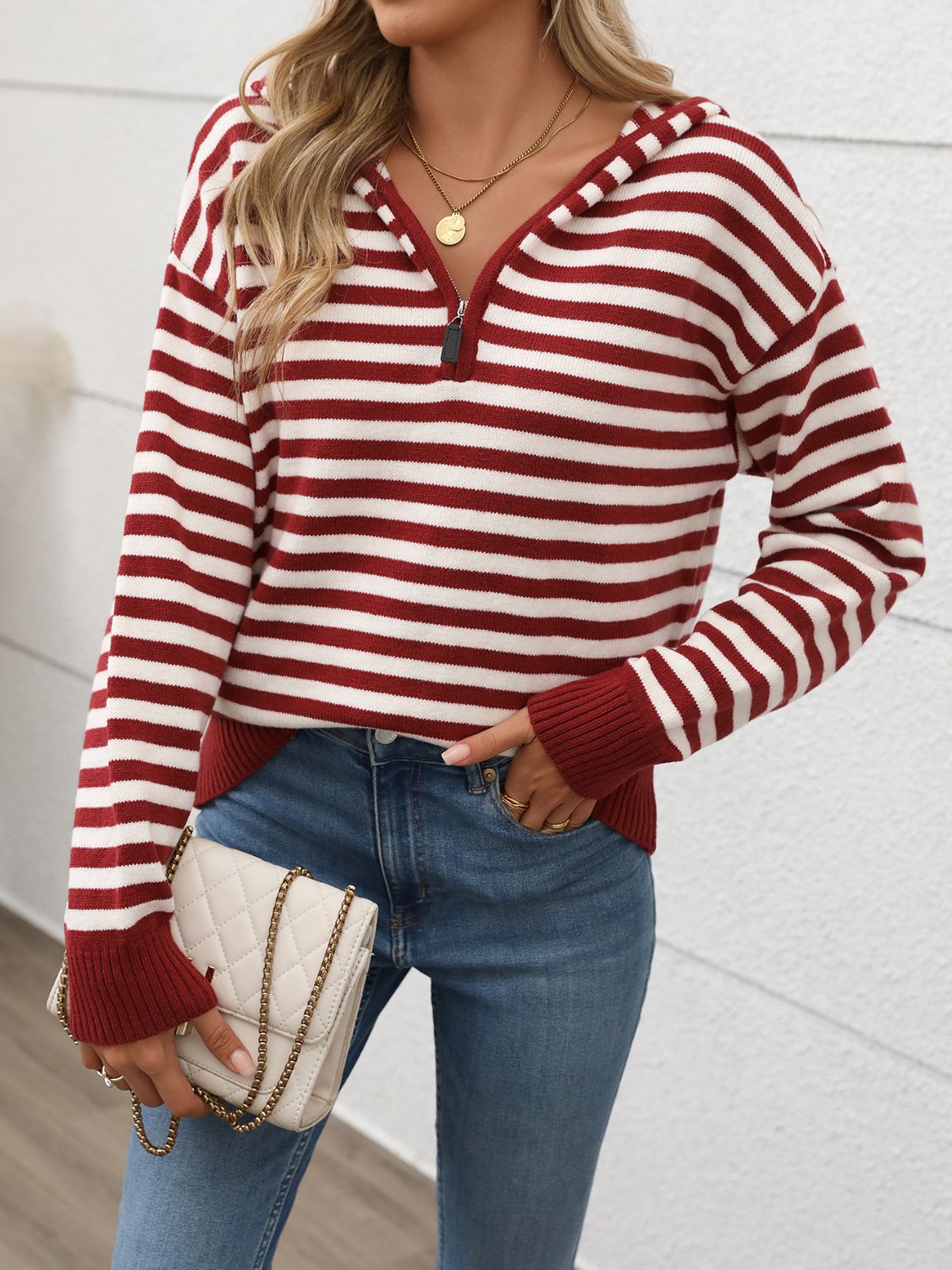 Hazel Blues® |  Perfee Striped Long Sleeve Hooded Sweater