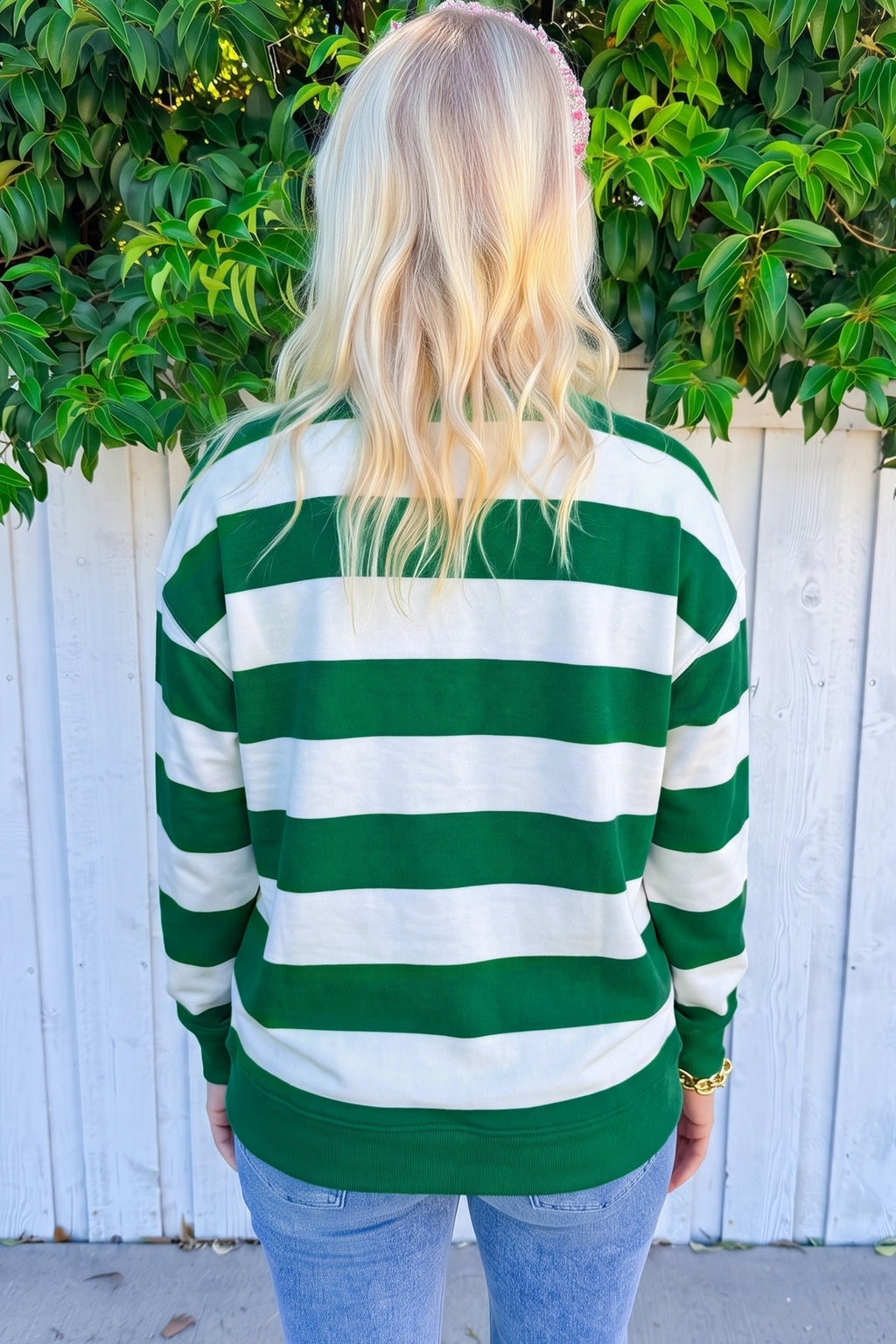 Amelia Lou Green Stripe Holly Jolly Letter Embroidered Pullover Sweatshirt