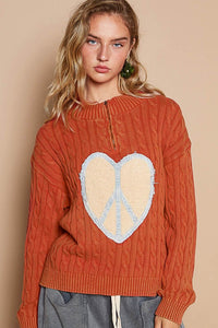 Hazel Blues® |  POL Cable-Knit Peace Patch Dropped Shoulder Sweater