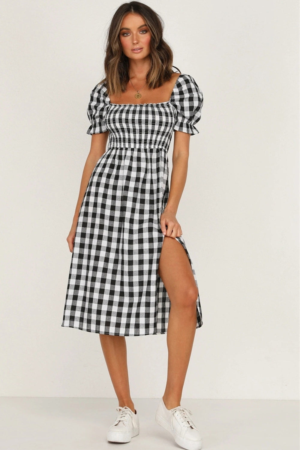 Hazel Blues® |  Slit Plaid Short Sleeve Midi Dress