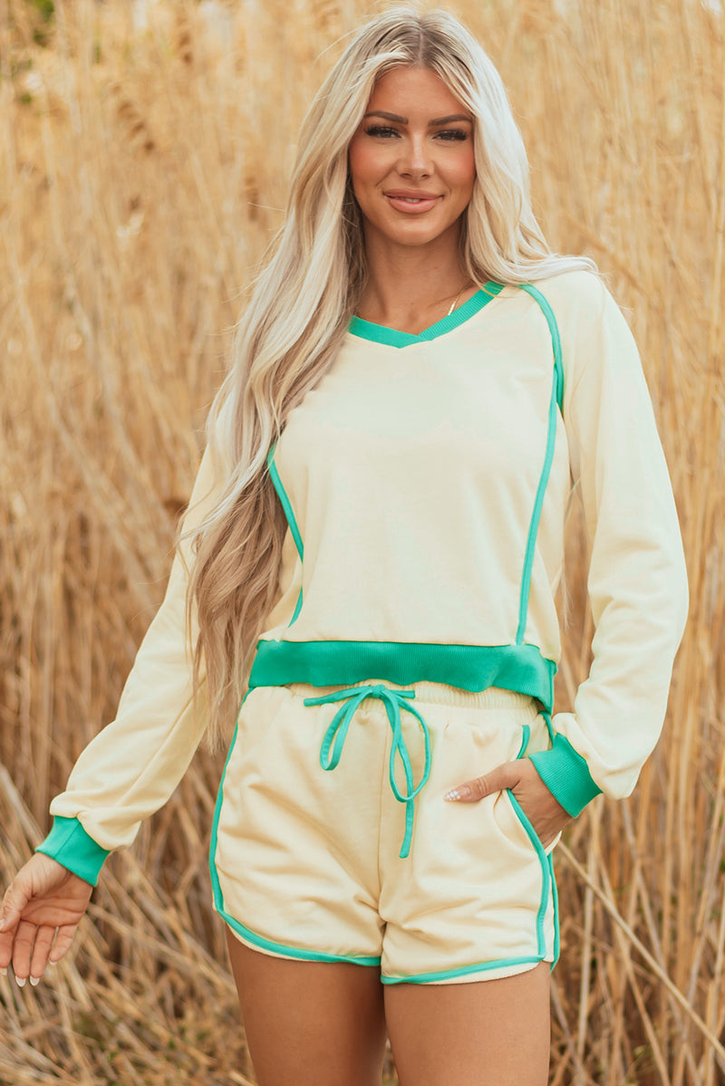 Hazel Blues® |  White Contrast Trim Colorblock Long Sleeve Pullover and Drawstring Shorts 2pcs Outfit
