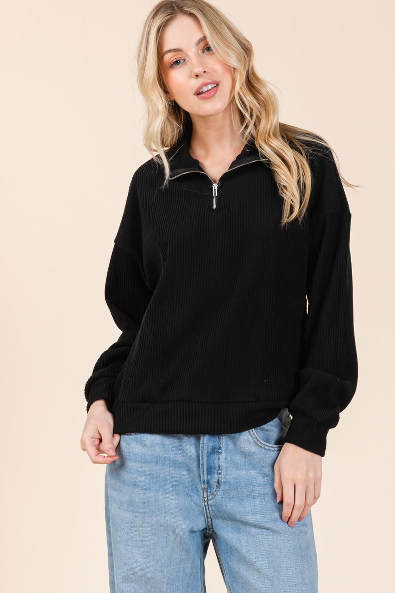 Hazel Blues® |  BOMBOM Quarter Zip Long Sleeve Sweatshirt with Pockets