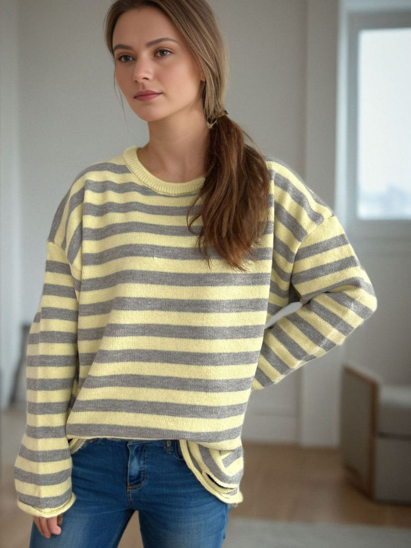 Hazel Blues® |  Distressed Striped Round Neck Long Sleeve Sweater