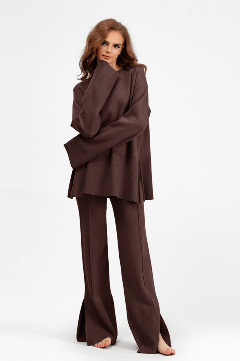 Hazel Blues® |  Basic Bae Slit Round Neck Long Sleeve Top and Drawstring Pants Sweater Set