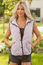 Hazel Blues® |  Brown Stripe Snap Button Scalloped Hem Collared Winter Vest