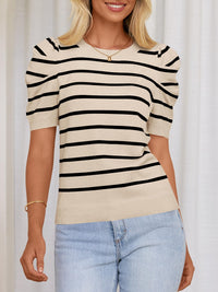 Hazel Blues® |  Striped Round Neck Puff Sleeve Knit Top