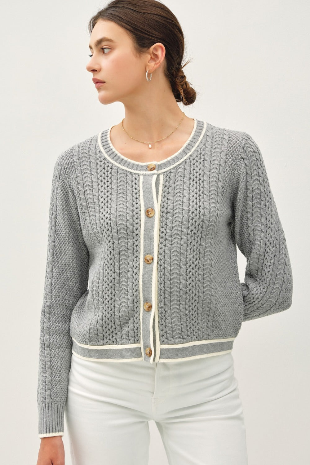 Hazel Blues® |  Be Cool Cable Knit Long Sleeve Contrast Edge Cardigan