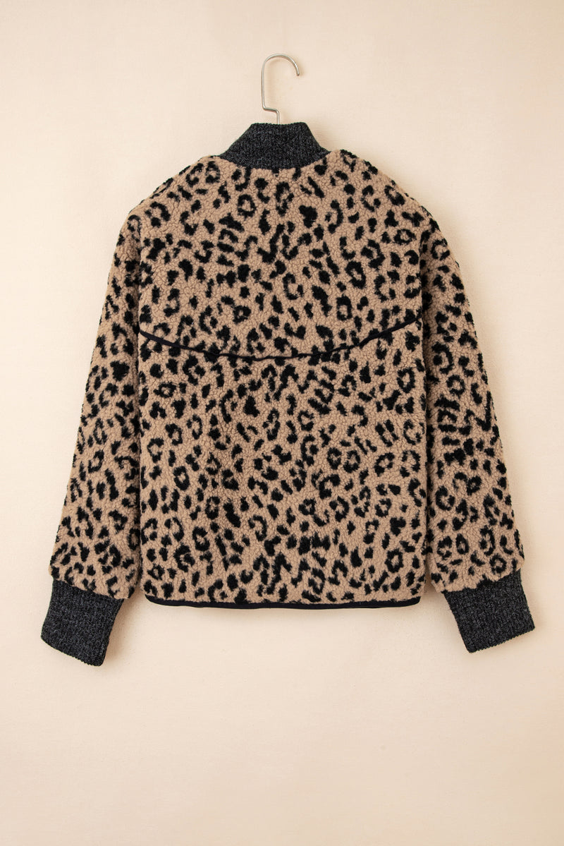 Hazel Blues® |  Khaki Leopard Print Zip Up Stand Neck Side Pocket Jacket