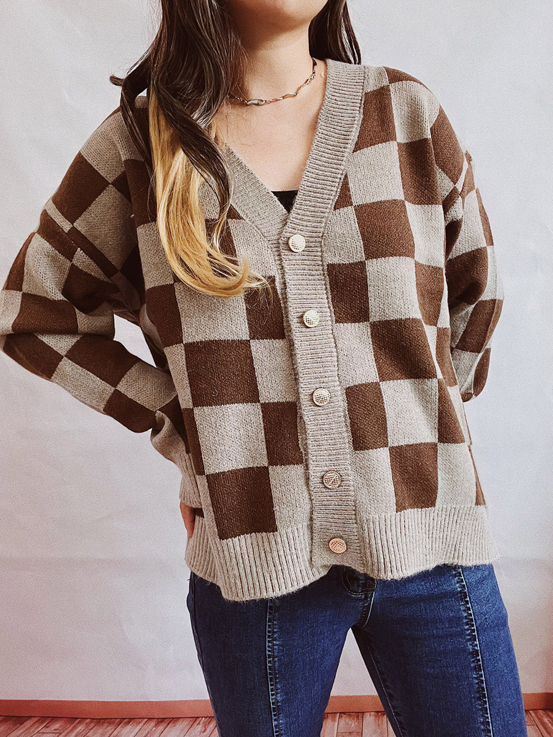 Hazel Blues® |  Checkered Open Front Button Up Cardigan