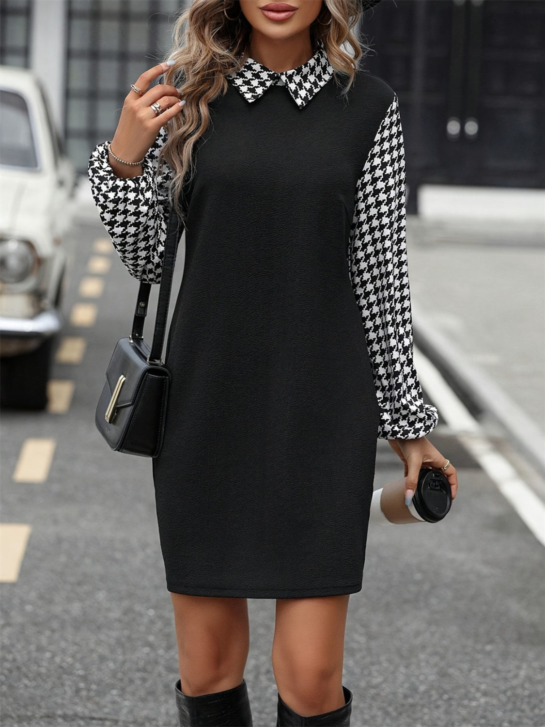 Hazel Blues® |  Houndstooth Collared Neck Long Sleeve Mini Dress