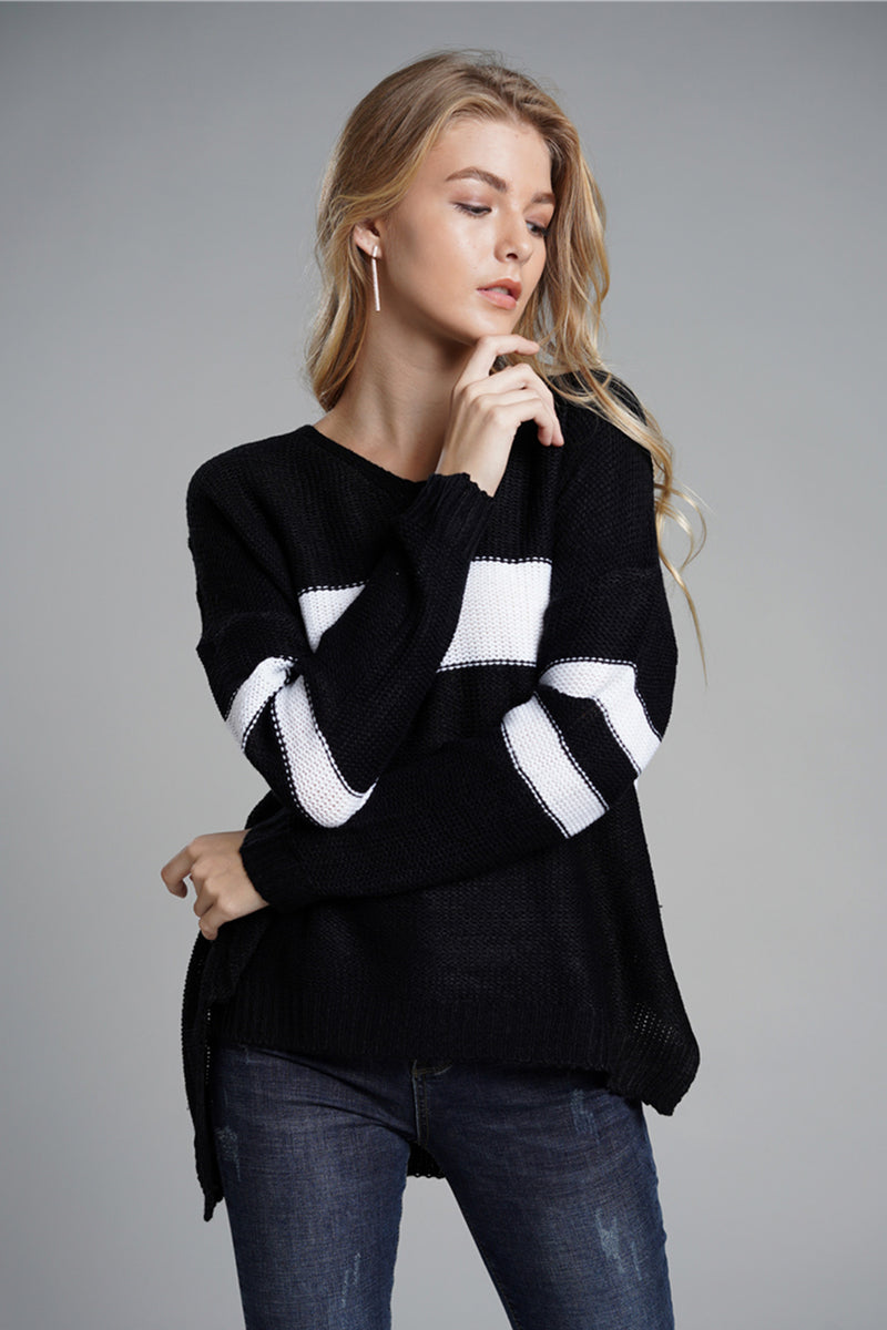 Hazel Blues® |  Slit Contrast V-Neck Long Sleeve Sweater