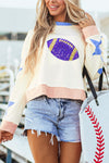 Hazel Blues® |  Beige Sequin Football Graphic Starry Patched Contrast Trim Game Day Sweatshirt