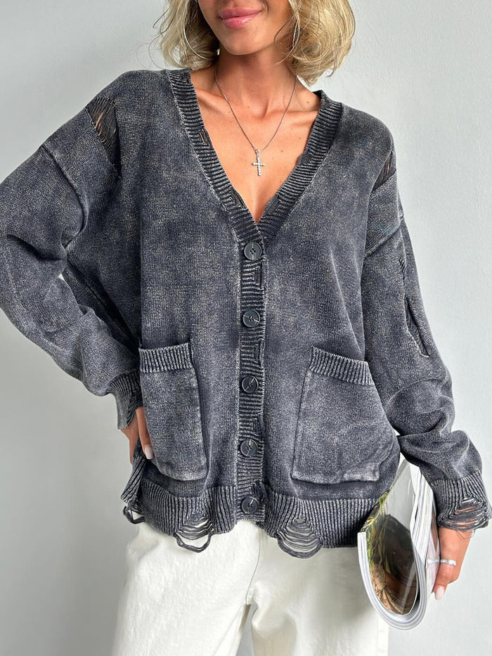 Hazel Blues® |  Distressed Button Down Long Sleeve Cardigan