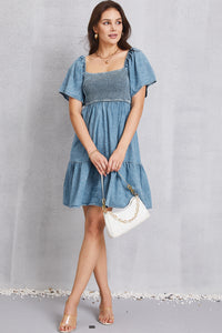 Hazel Blues® |  Smocked Square Neck Mini Denim Dress