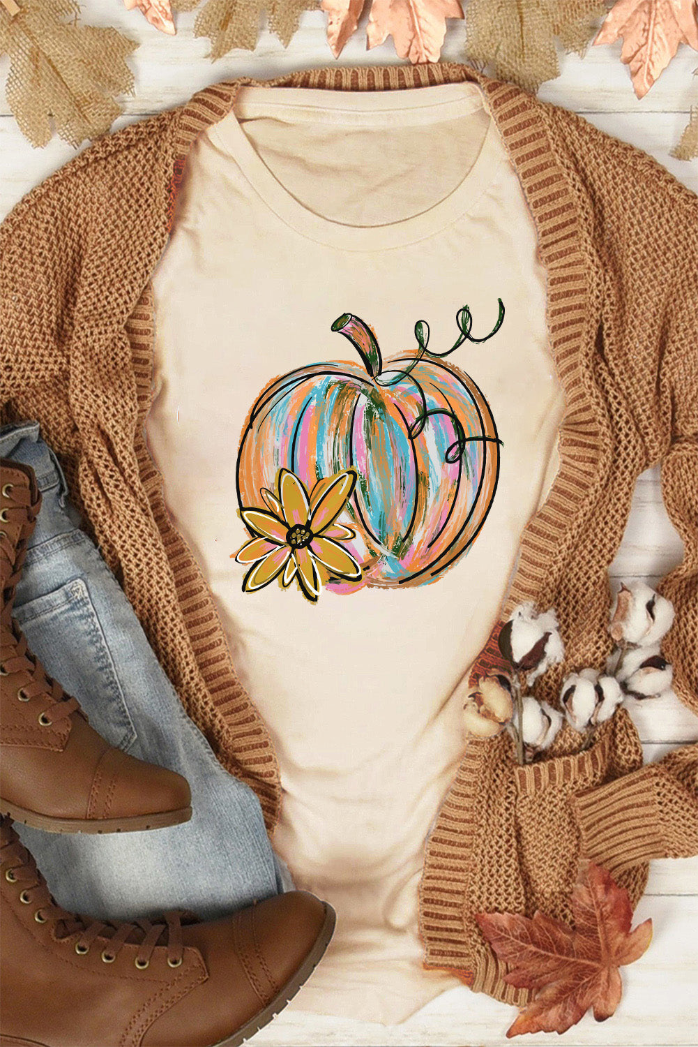 Hazel Blues® |  Khaki Pumpkin with Flower Graphic T Shirt