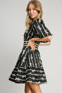 Hazel Blues® |  Umgee Ribbon Print Frill Contrast Velvet Trim Half Sleeve Dress