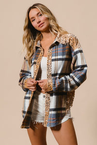 Hazel Blues® |  BiBi Curved Hem Sequin Plaid Button Up Shacket