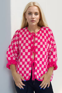 Hazel Blues® |  Double Take Tied Checkered Dropped Shoulder Flounce Sleeve Cardigan