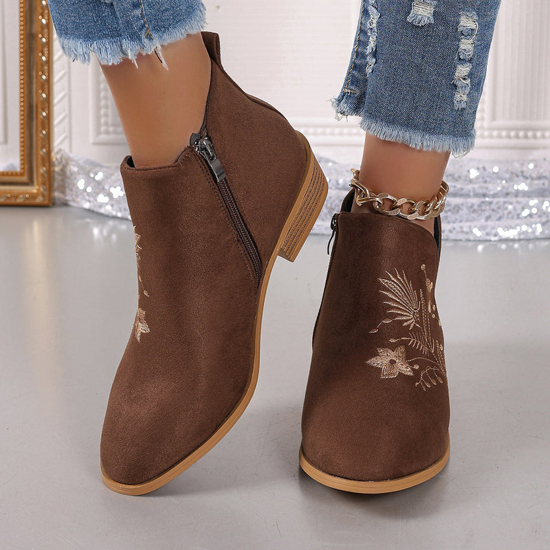 Hazel Blues® |  Embroidered Suede Point Toe Block Heel Boots