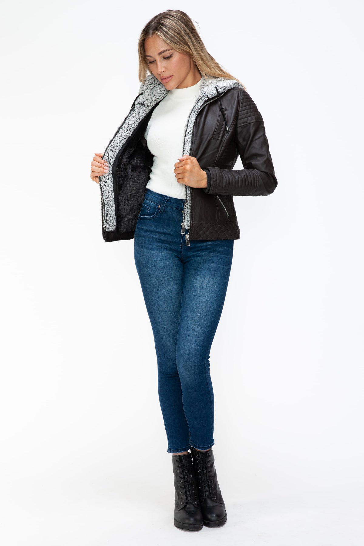 Hazel Blues® |  YMI Faux Layered Double-Zipper Jacket with Fuzzy Hood