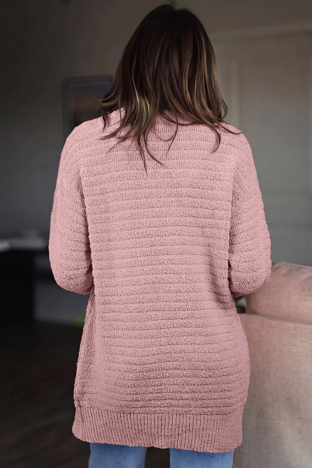 Light Pink Open Front Soft Fuzzy Ribbed Sweater Cardigan