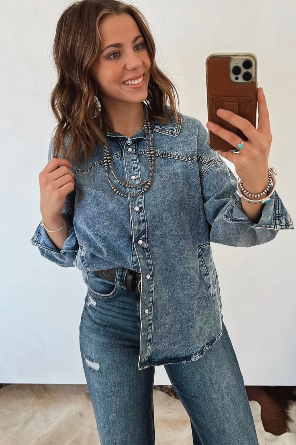 Dusk Blue Western Long-Sleeve Shirt Collar Tunic Denim Jacket