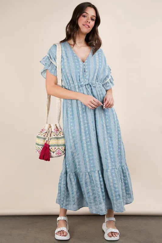 Hazel Blues | VERY J Embroidered Boho Ruffled Midi Dress