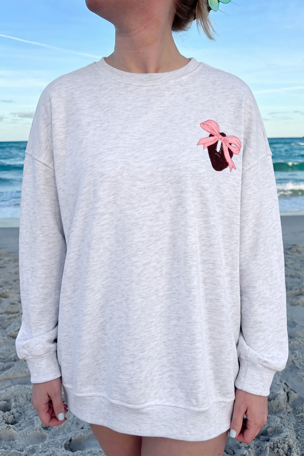 Light Grey Embroidered Football Bow Back Long-Sleeve Sweatshirt