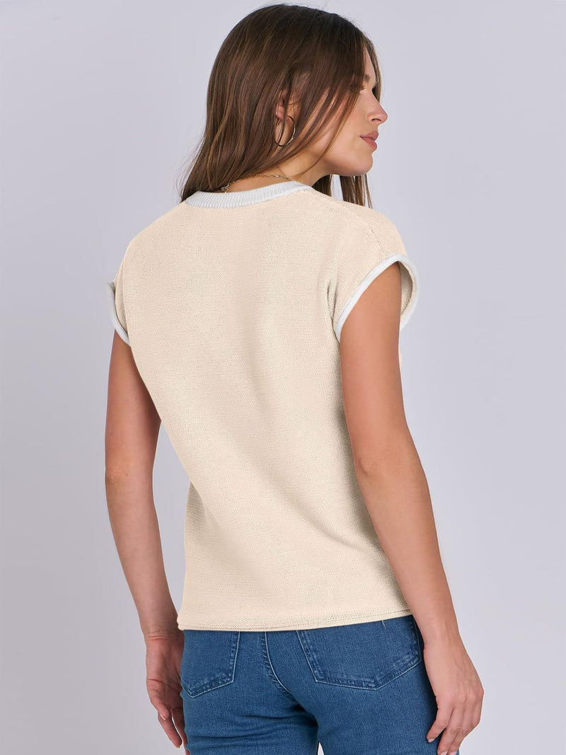 Hazel Blues® |  Mandy Contrast Round Neck Cap Sleeve Sweater