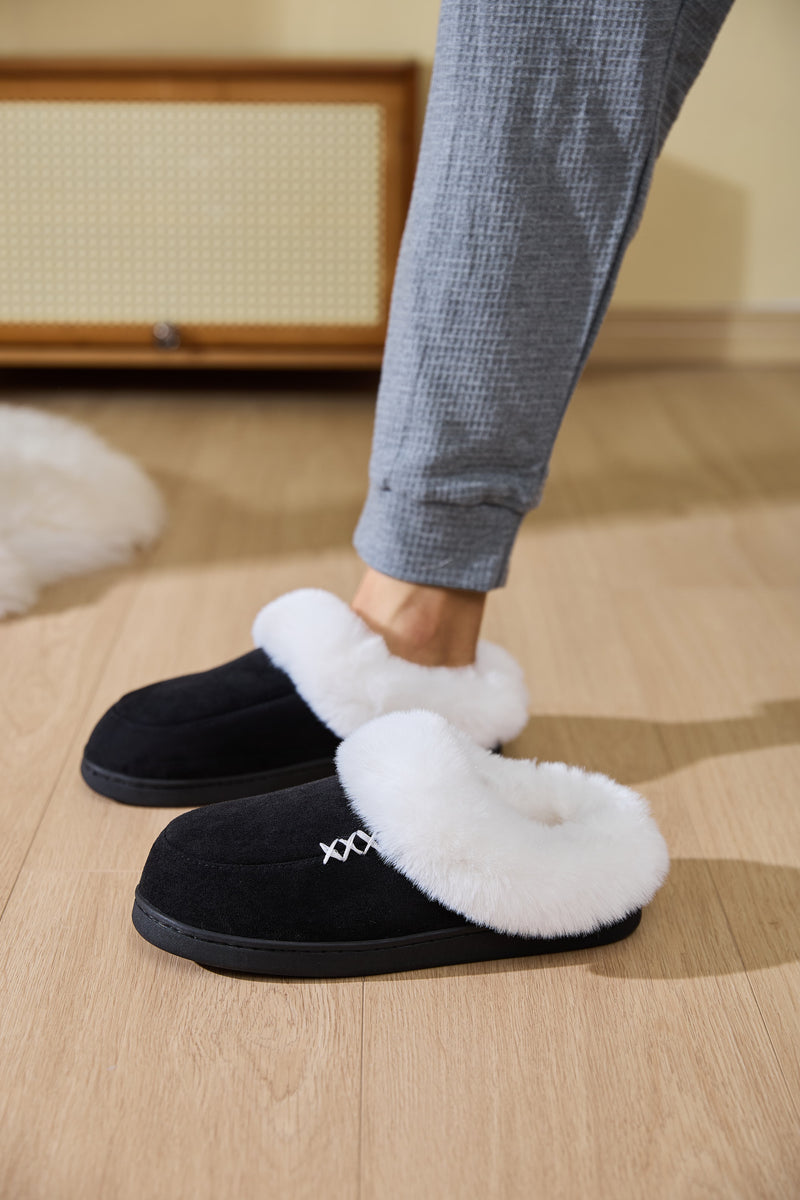 Hazel Blues® |  Fluff Trim Round Toe Flat Slippers