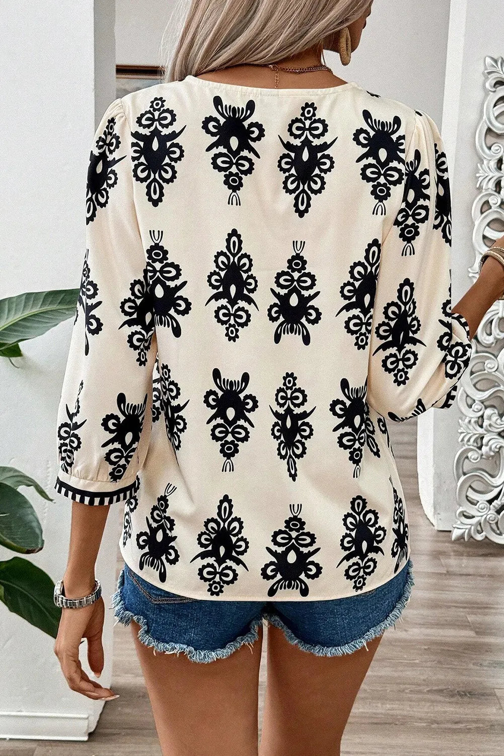 Hazel Blues® |  Printed V-Neck Three-Quarter Sleeve Blouse