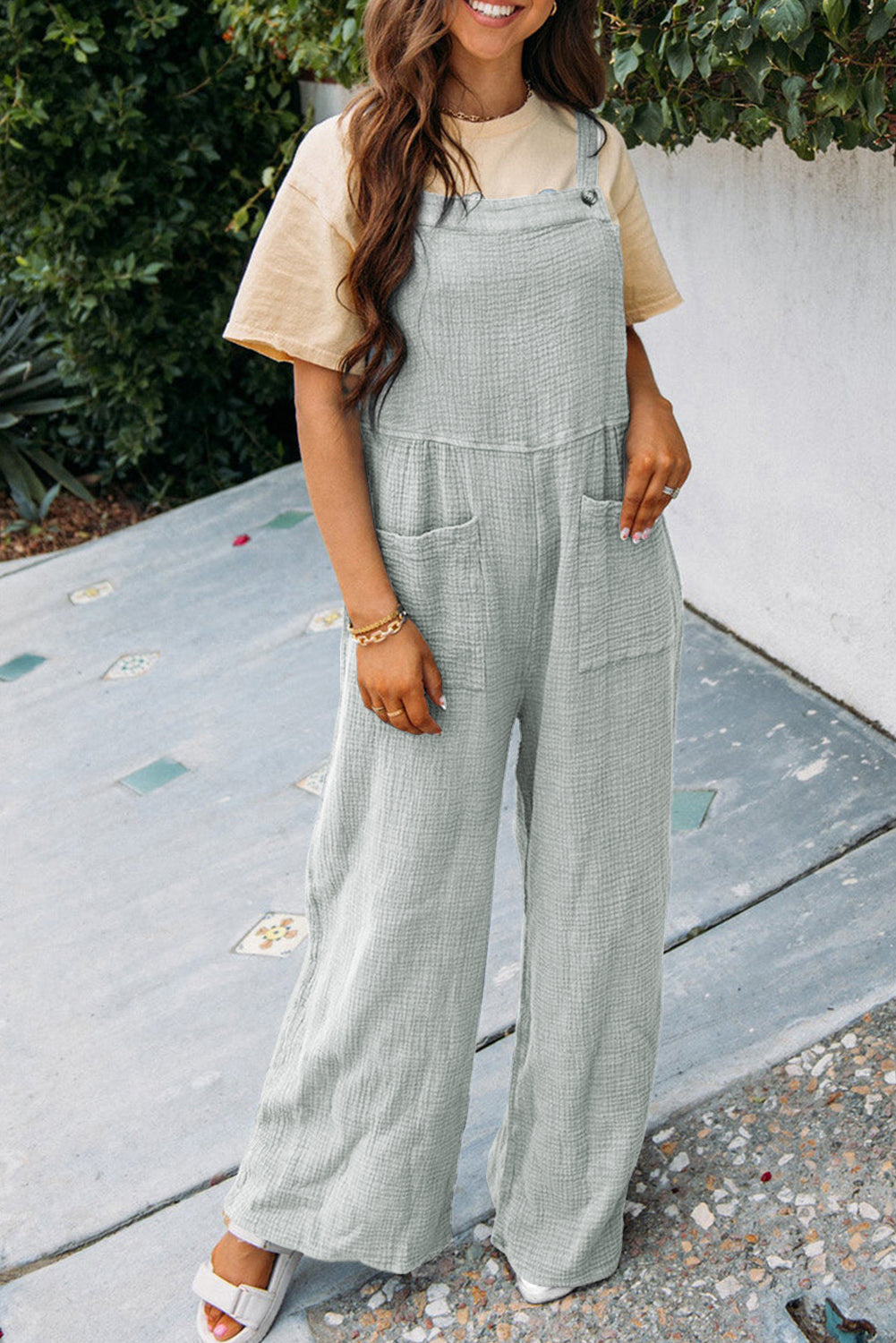 Hazel Blues® |  Gray Textured Wide Leg Overall with Pockets