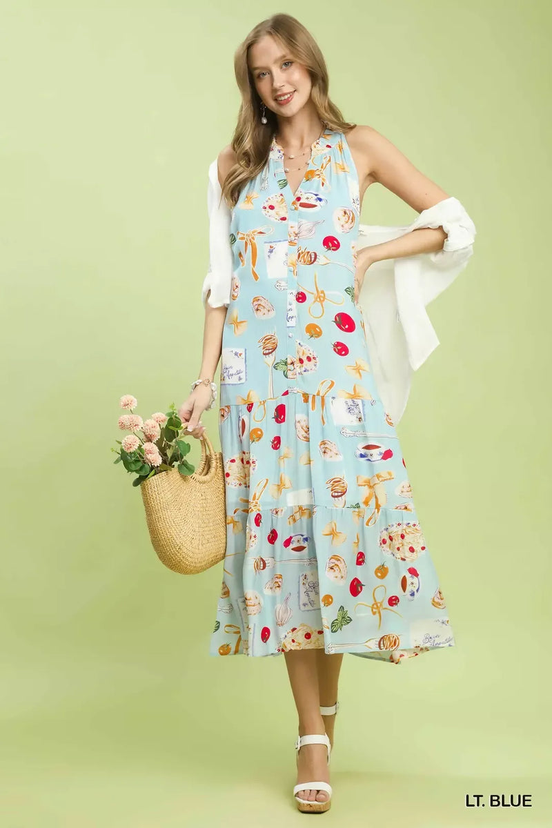 printed tiered halter midi dress Red Paisley Print Tiered Halter Tie Midi Dress