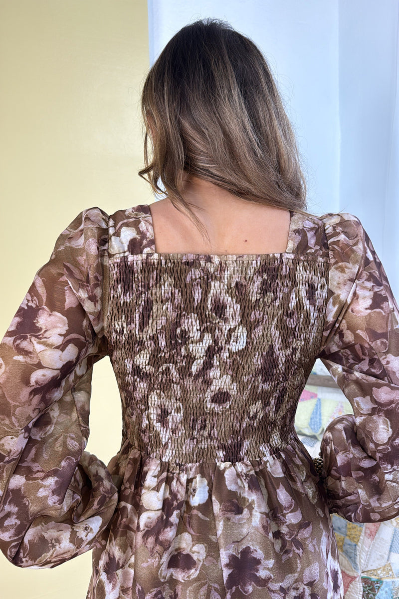 Brown Abstract Floral-Print Square-Neck Long-Sleeve Mini