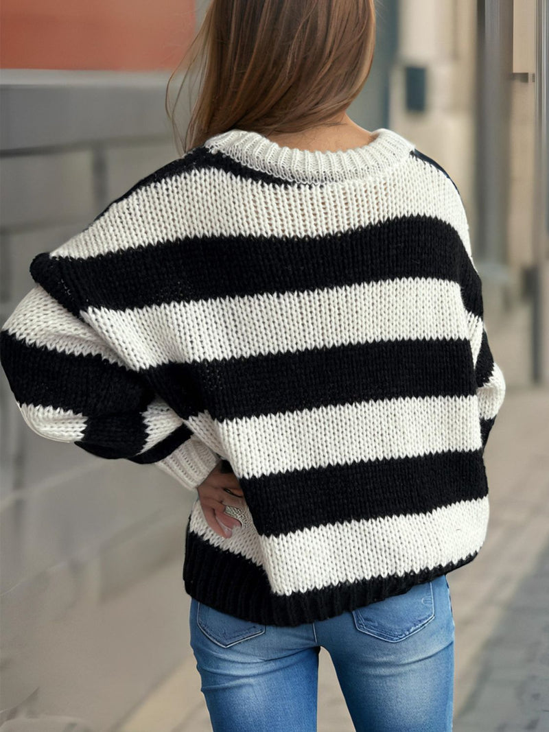 Hazel Blues® |  Contrast Striped Round Neck Long Sleeve Sweater