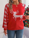 Hazel Blues® |  Reindeer Plaid Round Neck Long Sleeve Sweater