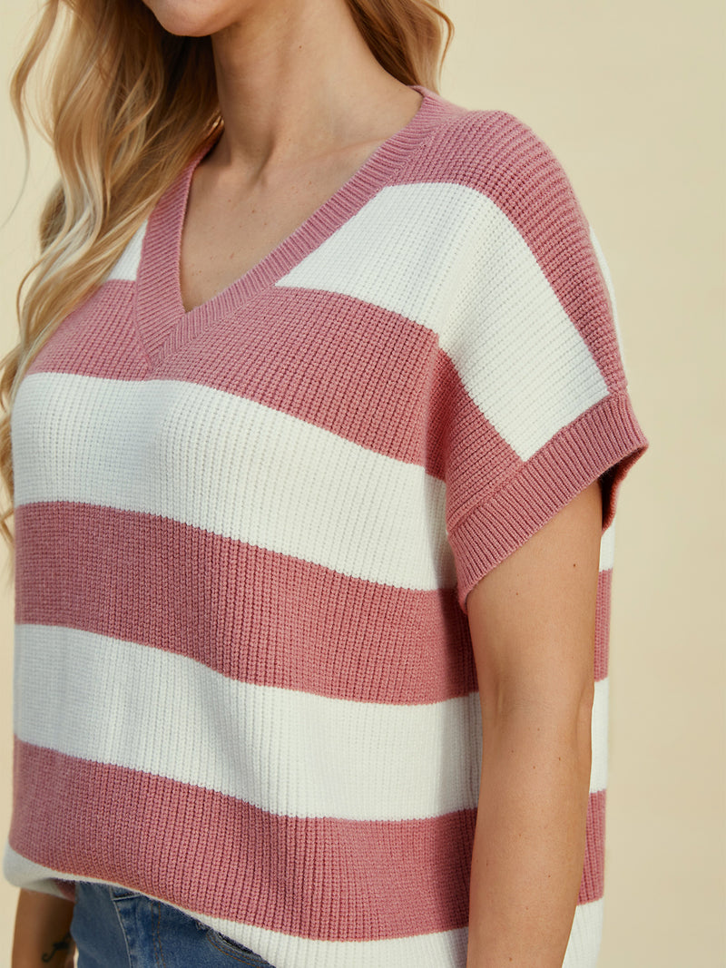 Hazel Blues® |  Double Take Striped V-Neck Short Sleeve Sweater