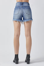 Hazel Blues® |  RISEN Raw Hem Asymmetrical Waist Denim Shorts
