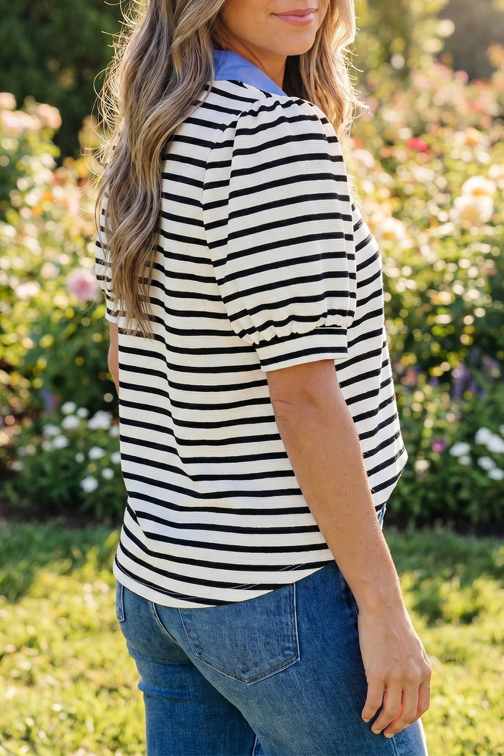 Black Stripe Short Puff Sleeve Color-Block Polo Collar Blouse