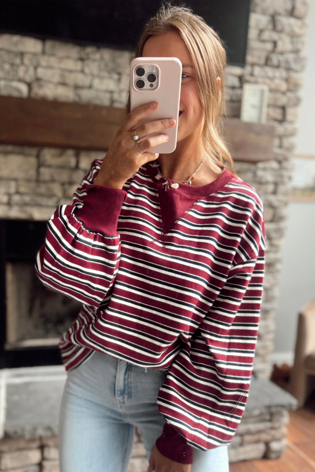 Camille Joy Red Stripe Puff-Sleeve Top