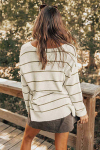 Hazel Blues® |  Striped V-Neck Drop Shoulder Sweater