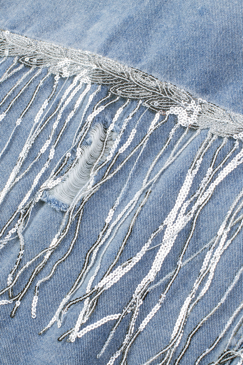 Hazel Blues® |  Sequin Fringe Trim Distressed Button Up Denim Jacket