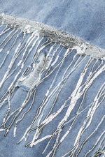 Hazel Blues® |  Sequin Fringe Trim Distressed Button Up Denim Jacket