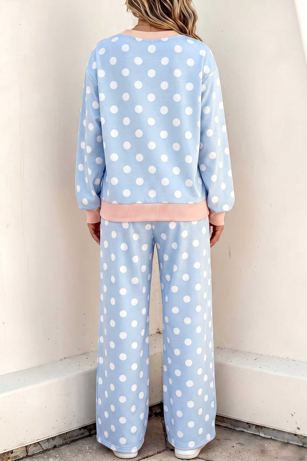 Delilah Claire Sky Blue Polka Dot Contrast Trim Long-Sleeve Top Drawstring Shift Pants Set