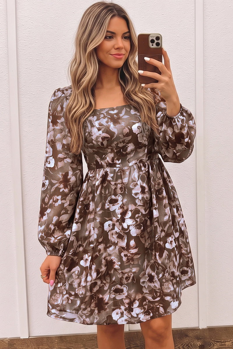 Brown Abstract Floral Print Square Neck Long Sleeve Mini Shift