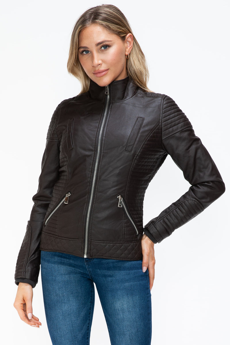 Hazel Blues® |  YMI Faux Layered Double-Zipper Jacket with Fuzzy Hood
