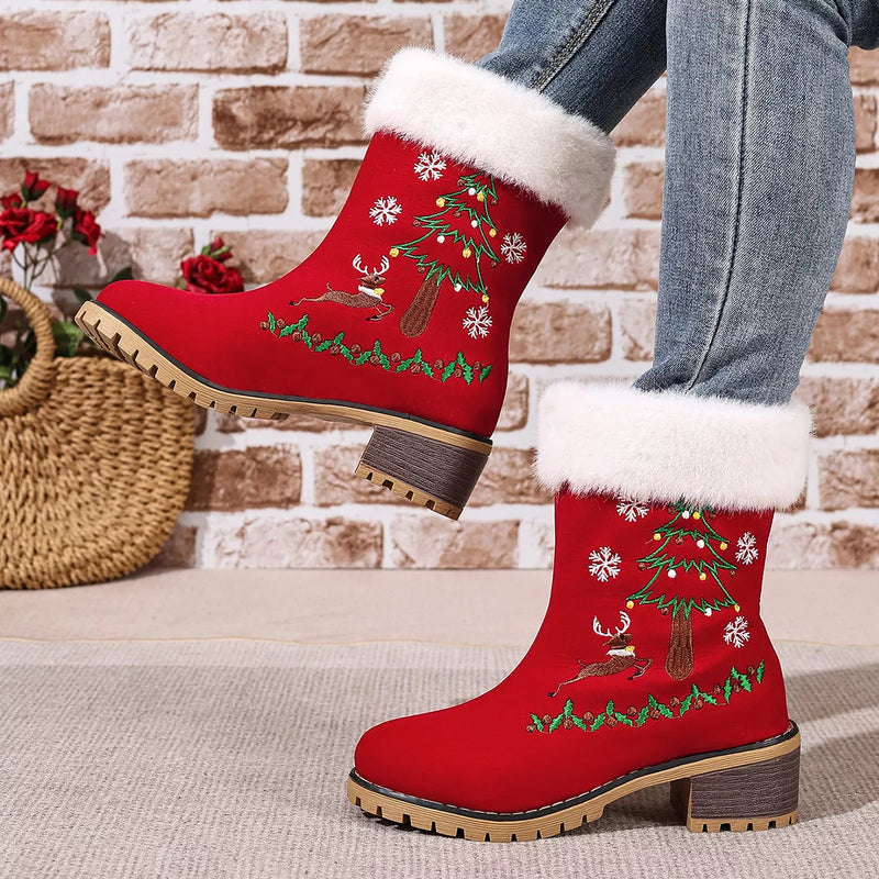 Hazel Blues® | Christmas Embroidered Block Heel Ankle Boots